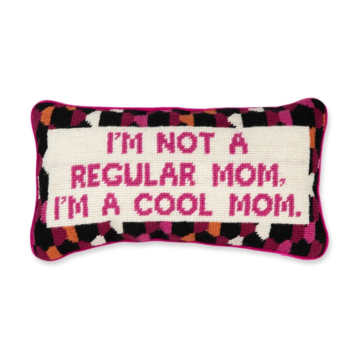 Cool Mom needlepoint pillow featuring 100% wool embroidery and cotton velvet backing, 8x14 inches, perfect for adding humor to any space.