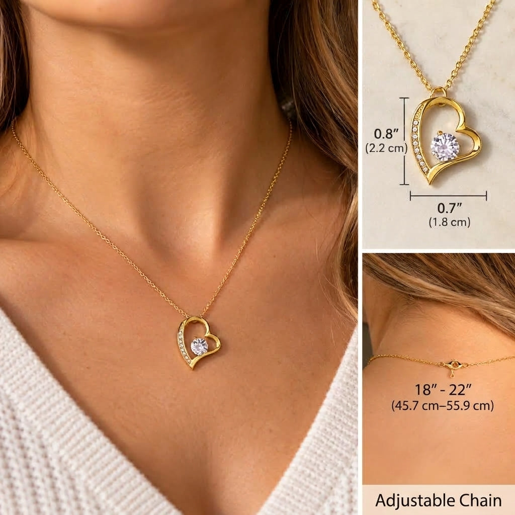 Close-up of a woman wearing the gold open heart pendant necklace with a cubic zirconia stone, with size callouts for the pendant and the 18 to 22 inch adjustable chain.