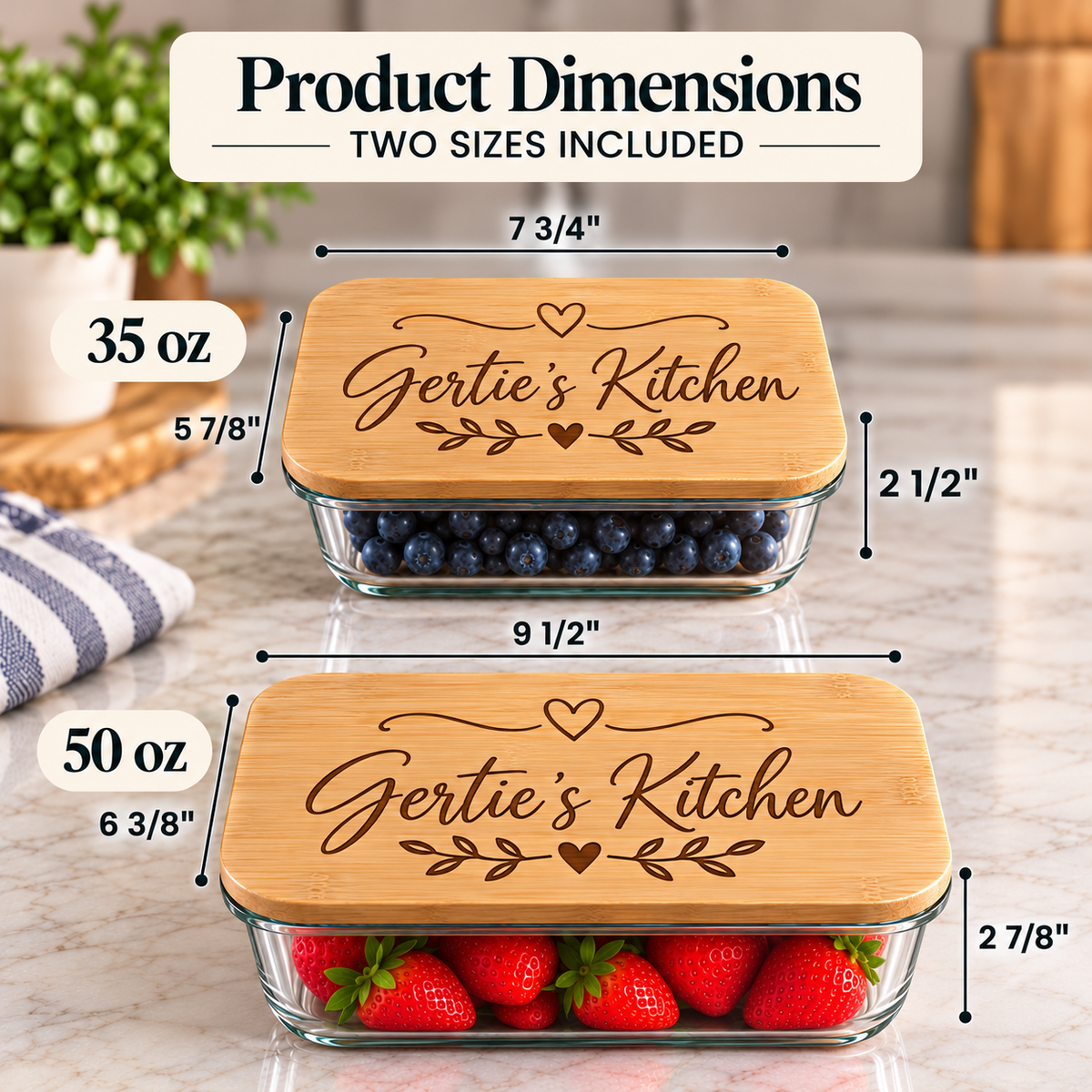 Two clear glass storage containers with bamboo lids stacked on a countertop, shown with berries and strawberries inside. Text at the top says it comes with 4 containers, two of each size, and labels indicate 35 oz and 50 oz container sizes with dimensions.