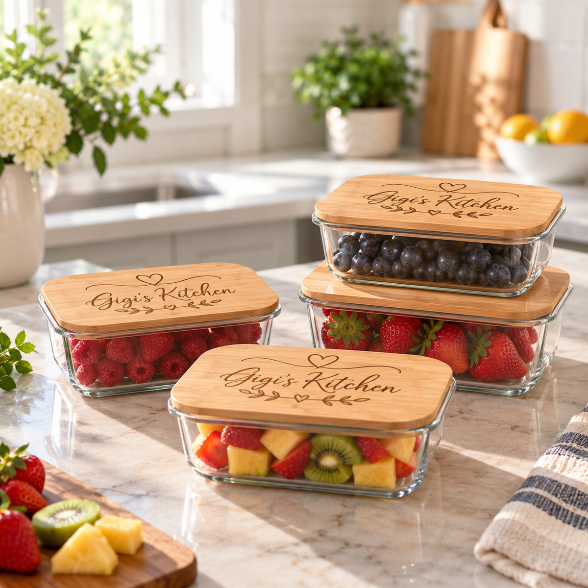 Four clear glass storage containers with light wood lids engraved with 'Gigi's Kitchen' are arranged on a kitchen counter, filled with strawberries, blueberries, and mixed fruit. The background shows a bright, sunny kitchen with flowers, plants, and a cutting board.