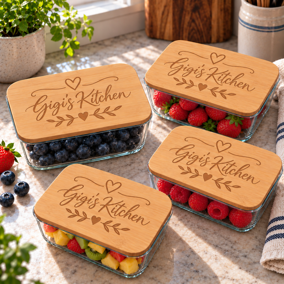 Four clear glass storage containers with light bamboo lids engraved with 'Gigi's Kitchen' and a heart-and-leaf motif, arranged on a kitchen counter with fruit visible inside the containers.