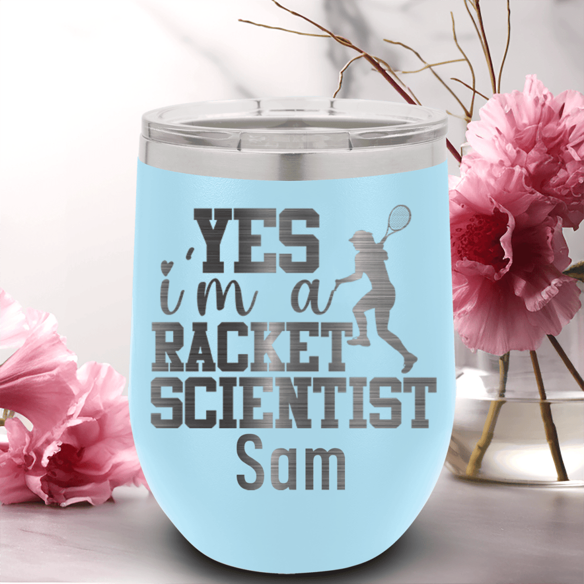 Light Blue Tennis For Her Wine Tumbler With Girl Tennis Scientist Design