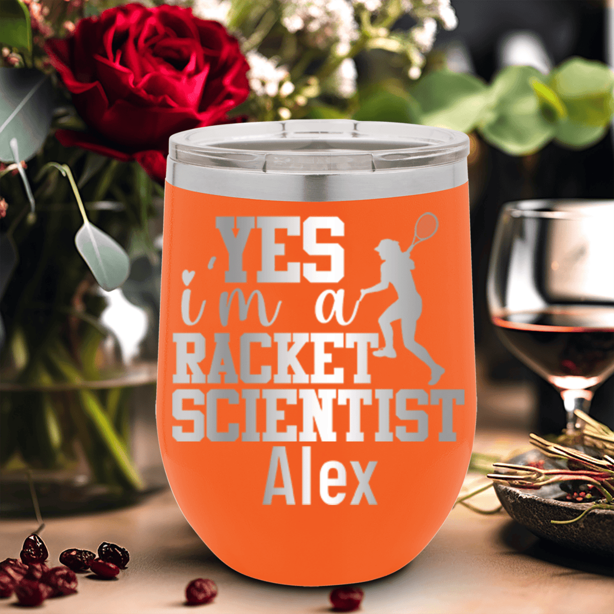 Orange Tennis For Her Wine Tumbler With Girl Tennis Scientist Design