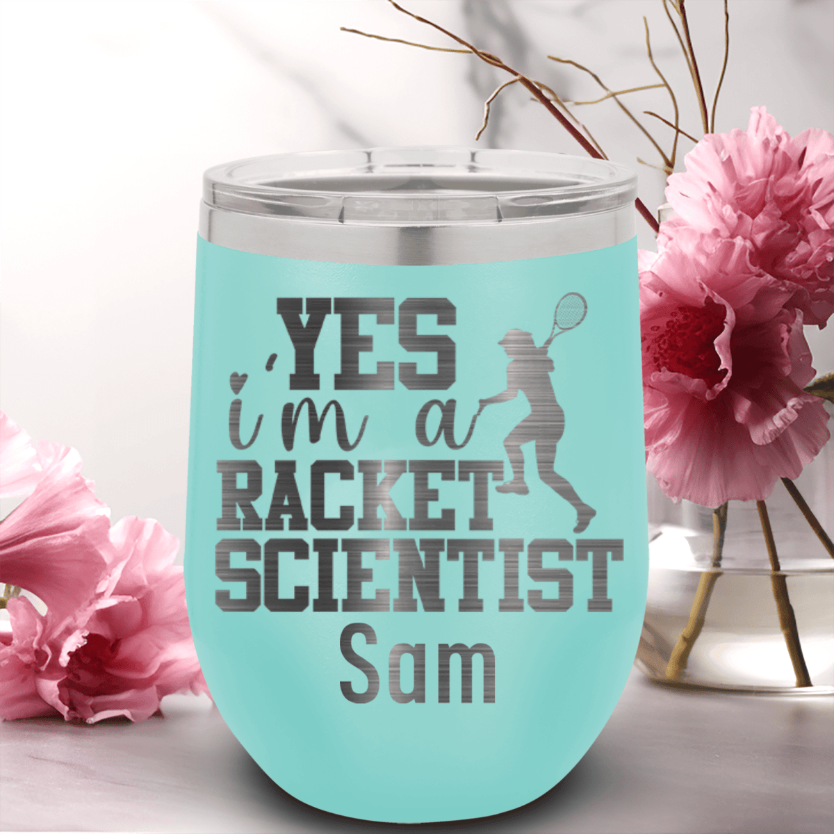 Teal Tennis For Her Wine Tumbler With Girl Tennis Scientist Design