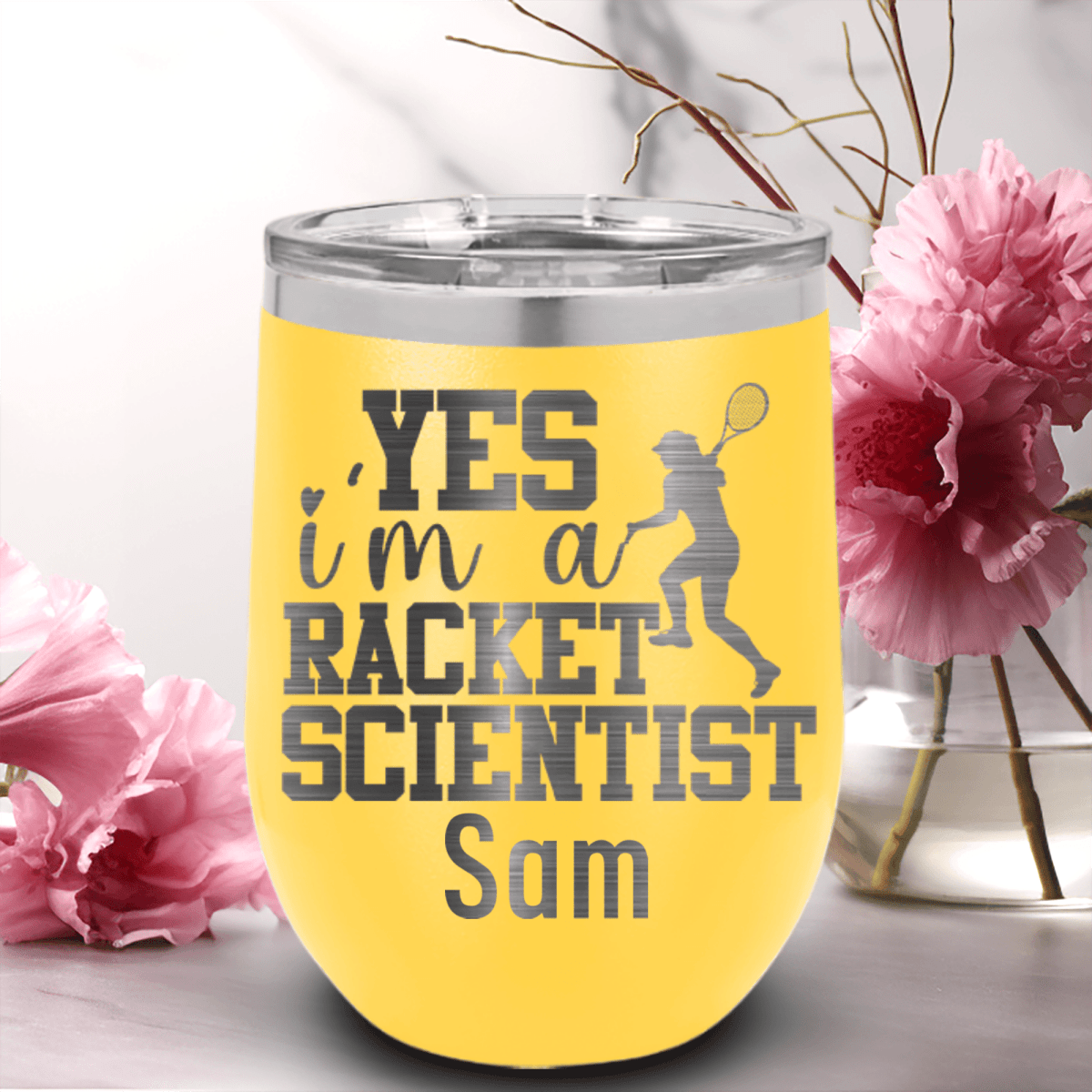 Yellow Tennis For Her Wine Tumbler With Girl Tennis Scientist Design