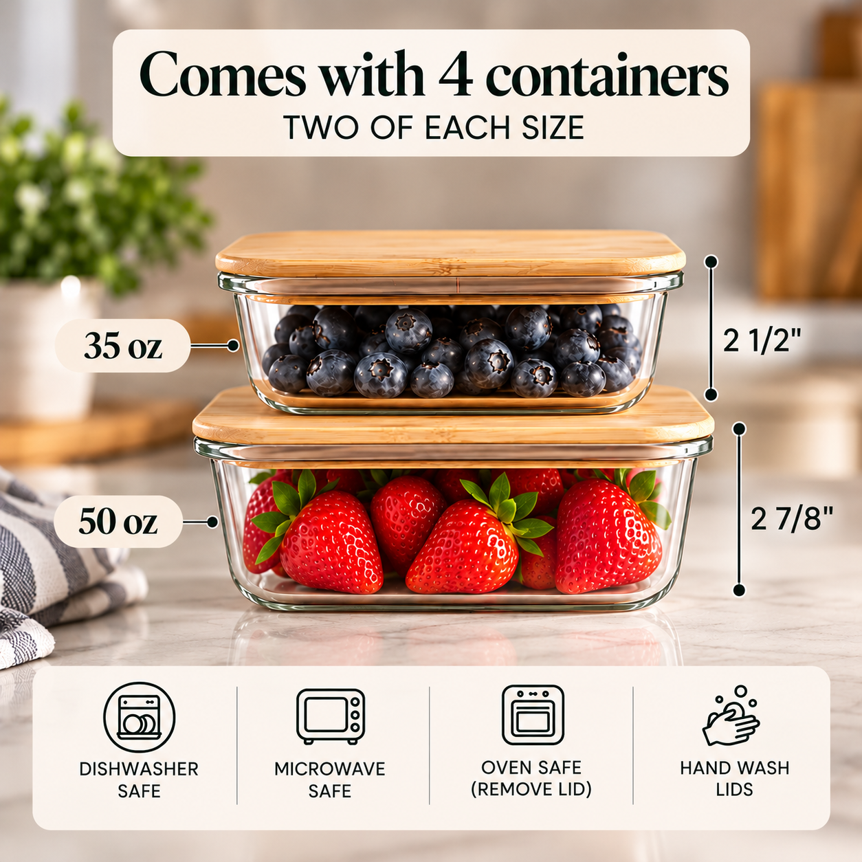A 35 oz glass container of blueberries stacked on a 50 oz container of strawberries, both with bamboo lids, showing the two sizes in the set