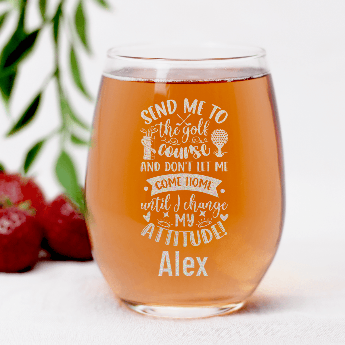 Personalized Golf Attitude Adjustment Stemless Wine Glass for her, Customized Gifts for Women by Groovy Girl Gifts