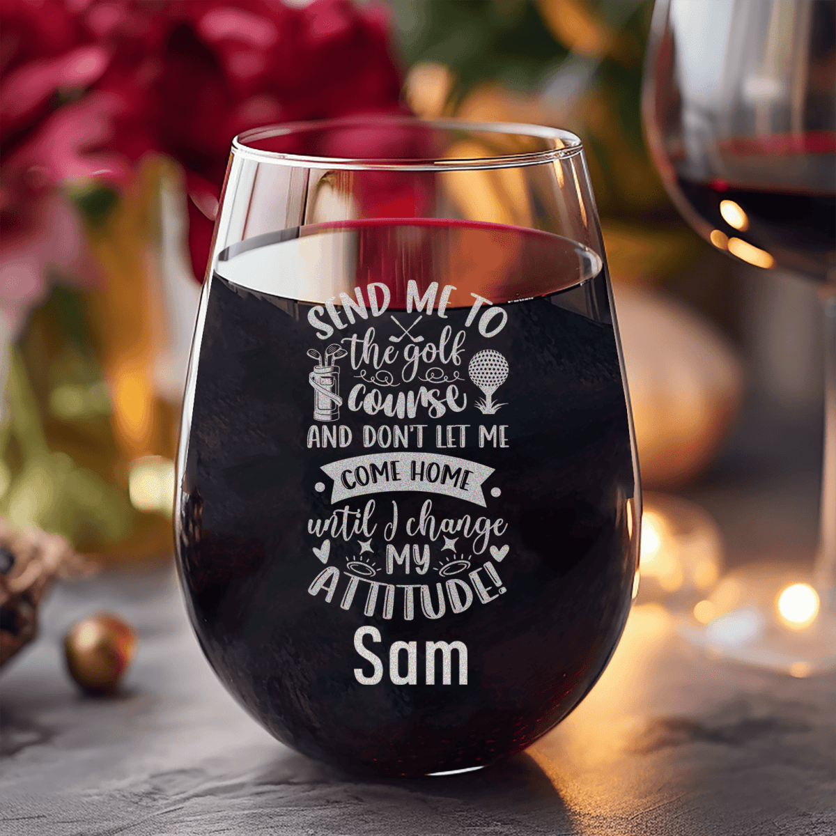 Personalized Golf Attitude Adjustment Stemless Wine Glass for her, Customized Gifts for Women by Groovy Girl Gifts