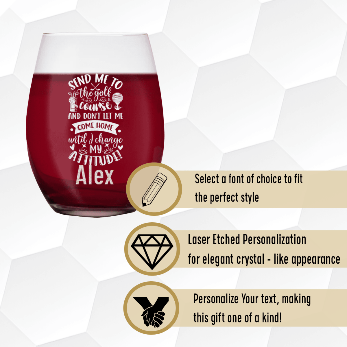 Personalized Golf Attitude Adjustment Stemless Wine Glass for her, Customized Gifts for Women by Groovy Girl Gifts