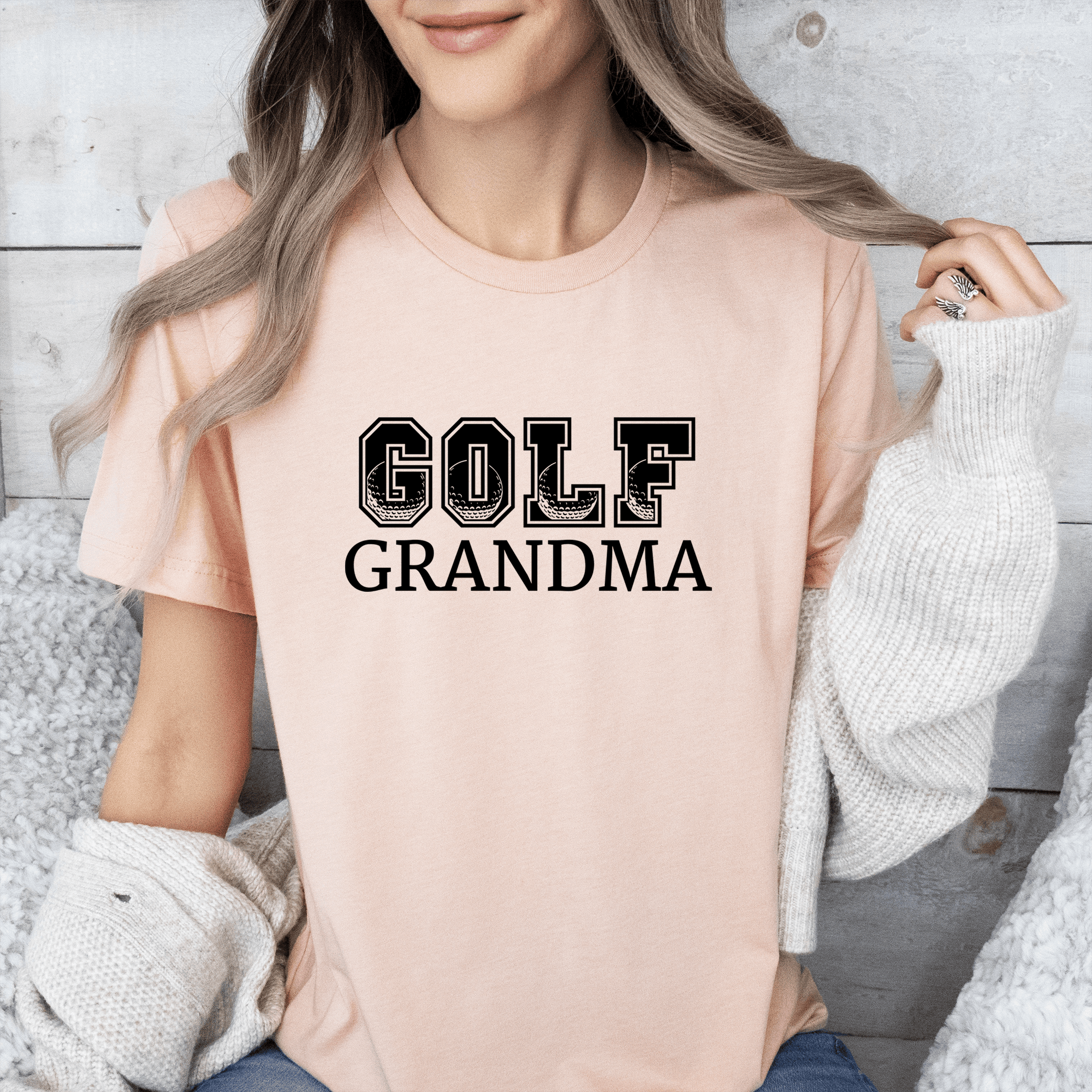 Womens Heather Peach T Shirt with Golf-Grandma design
