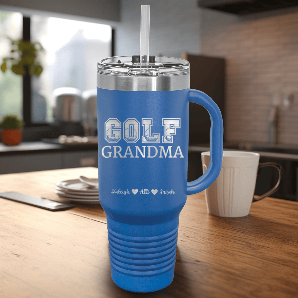 Blue Golf Mom Travel Mug With Handle With Golf Grandma Design