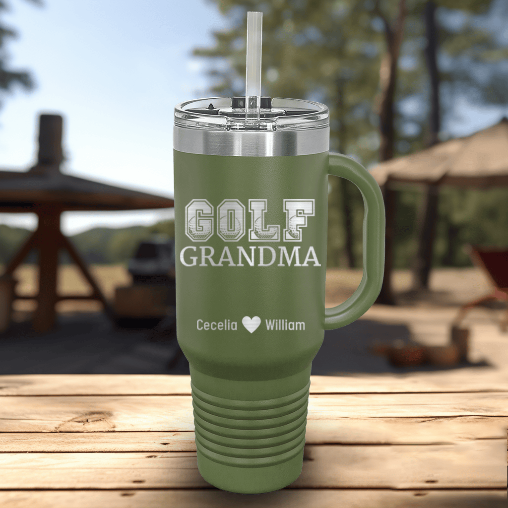 Military Green Golf Mom Travel Mug With Handle With Golf Grandma Design