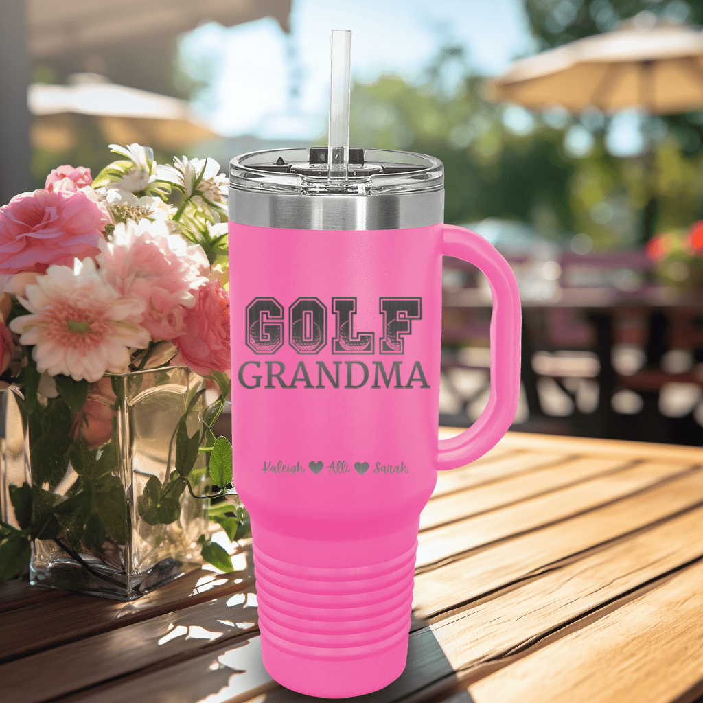 Purple Golf Mom Travel Mug With Handle With Golf Grandma Design