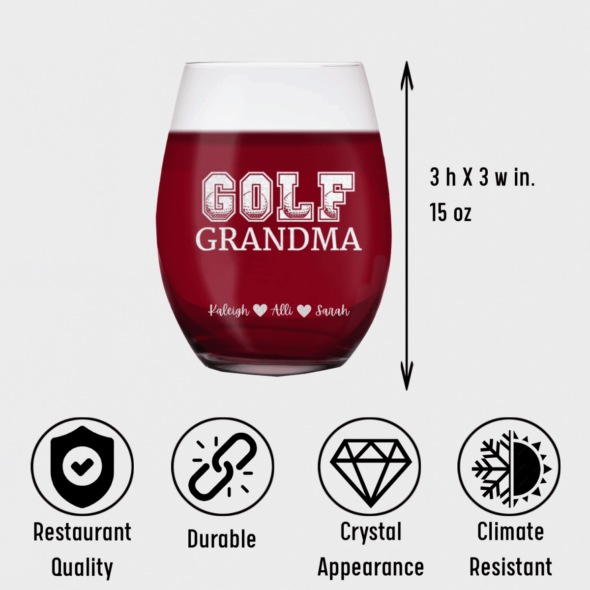 Personalized Golf Grandma Stemless Wine Glass for her, Customized Gifts for Women by Groovy Girl Gifts