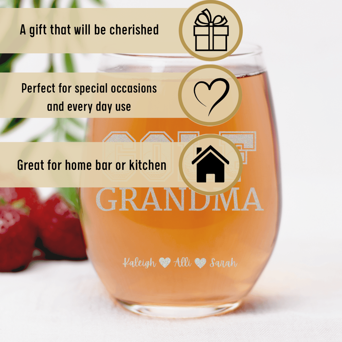 Personalized Golf Grandma Stemless Wine Glass for her, Customized Gifts for Women by Groovy Girl Gifts