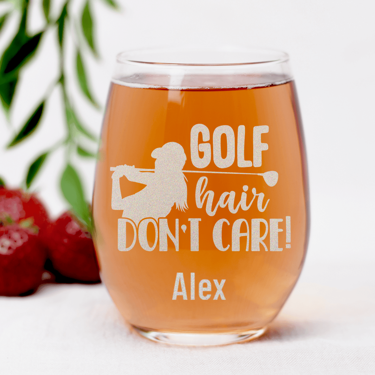 Personalized Golf Hair Dont Care Stemless Wine Glass for her, Customized Gifts for Women by Groovy Girl Gifts