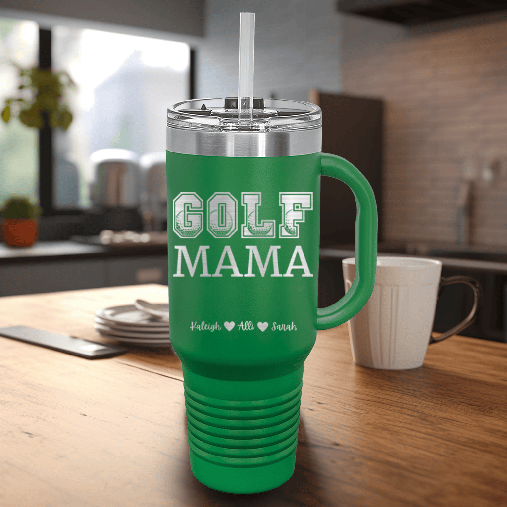 Green Golf Mom Travel Mug With Handle With Golf Mama Design