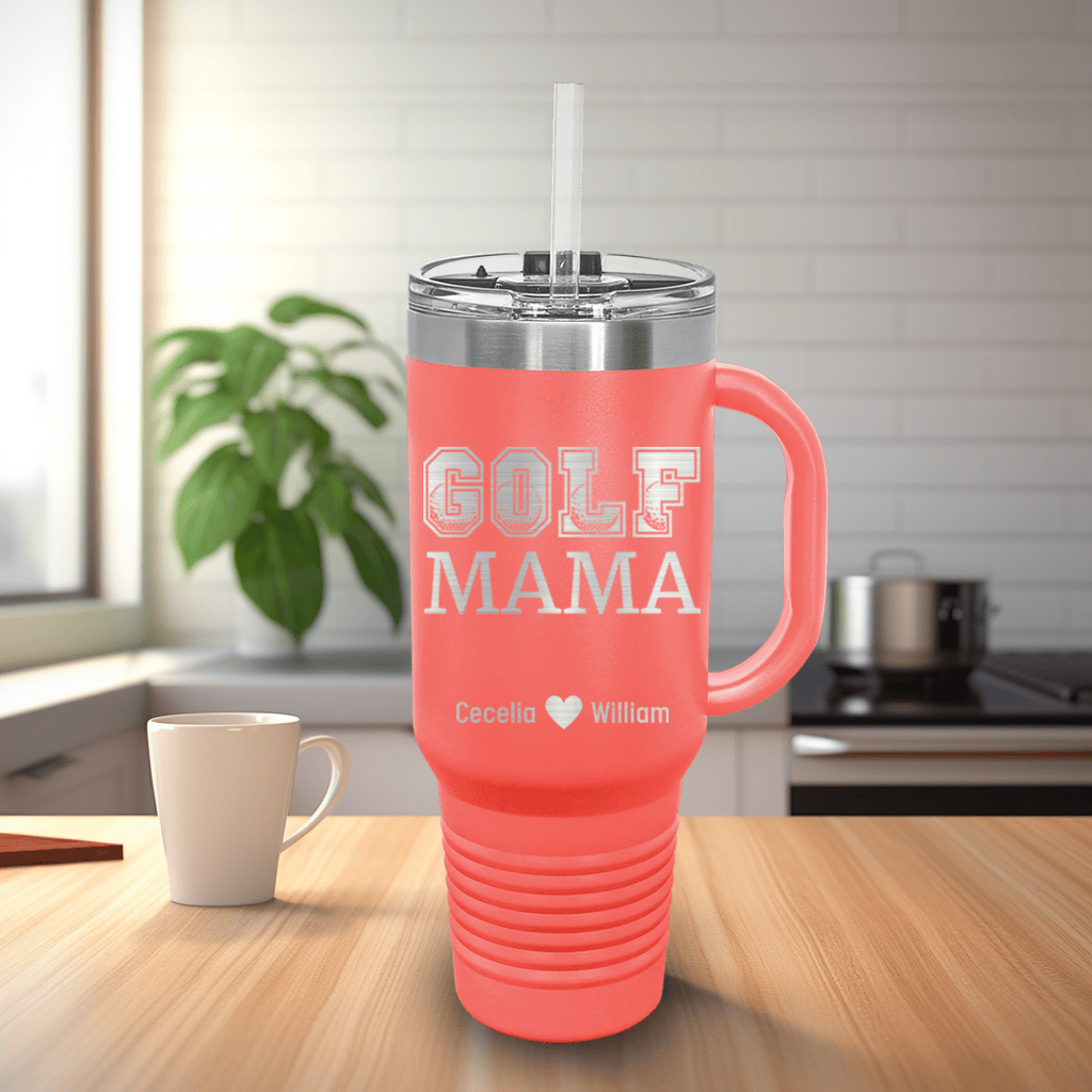 Salmon Golf Mom Travel Mug With Handle With Golf Mama Design