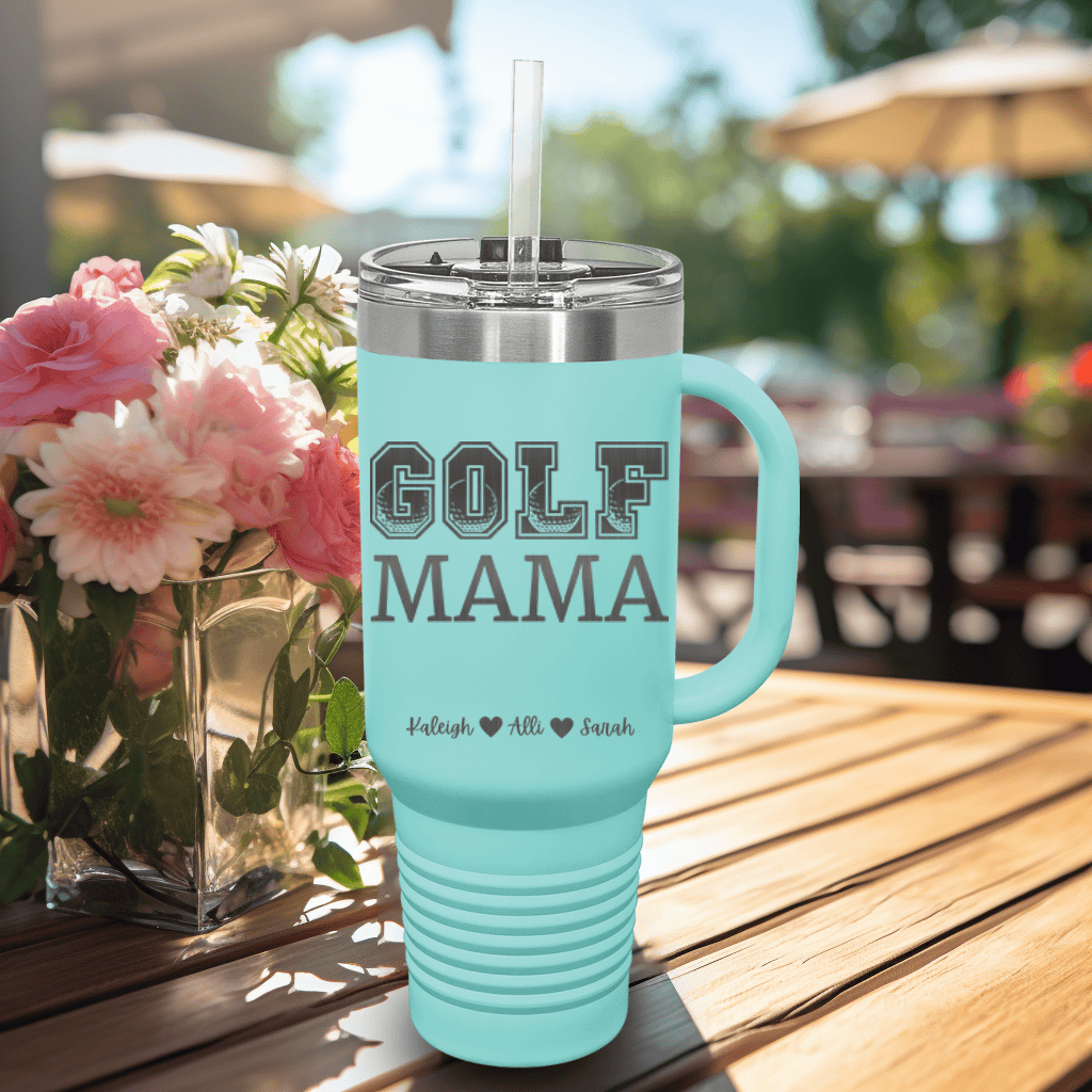 Teal Golf Mom Travel Mug With Handle With Golf Mama Design