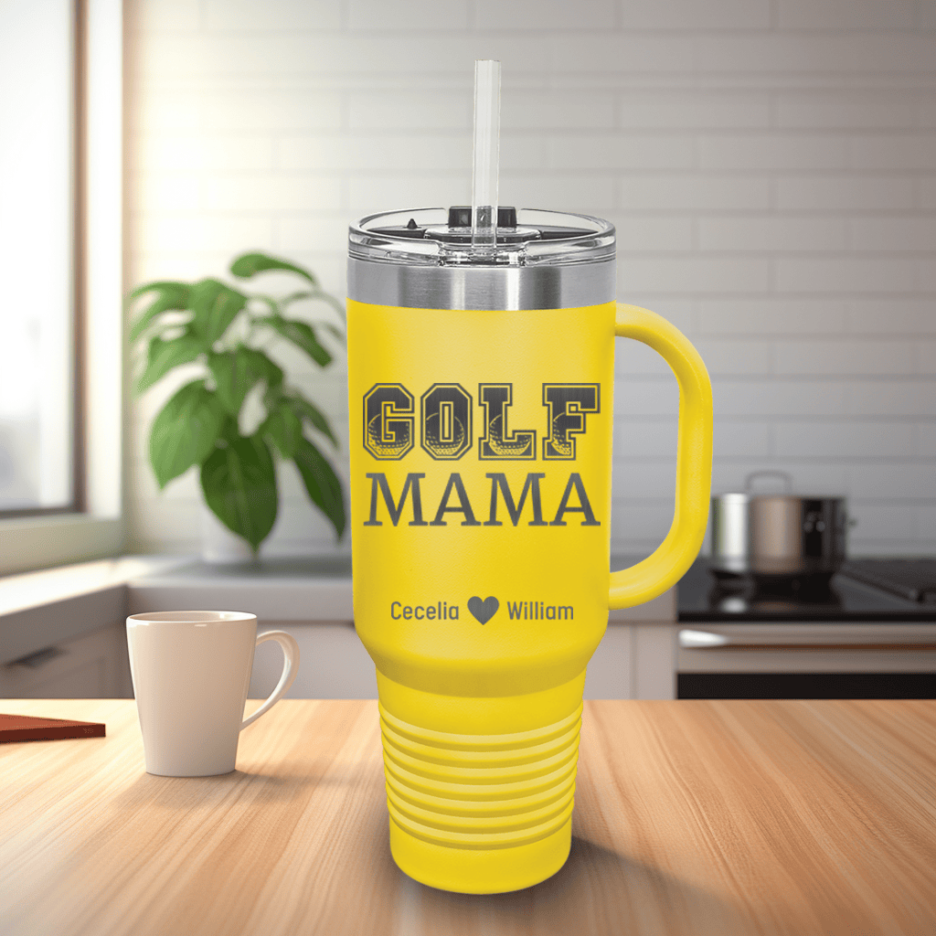 Yellow Golf Mom Travel Mug With Handle With Golf Mama Design