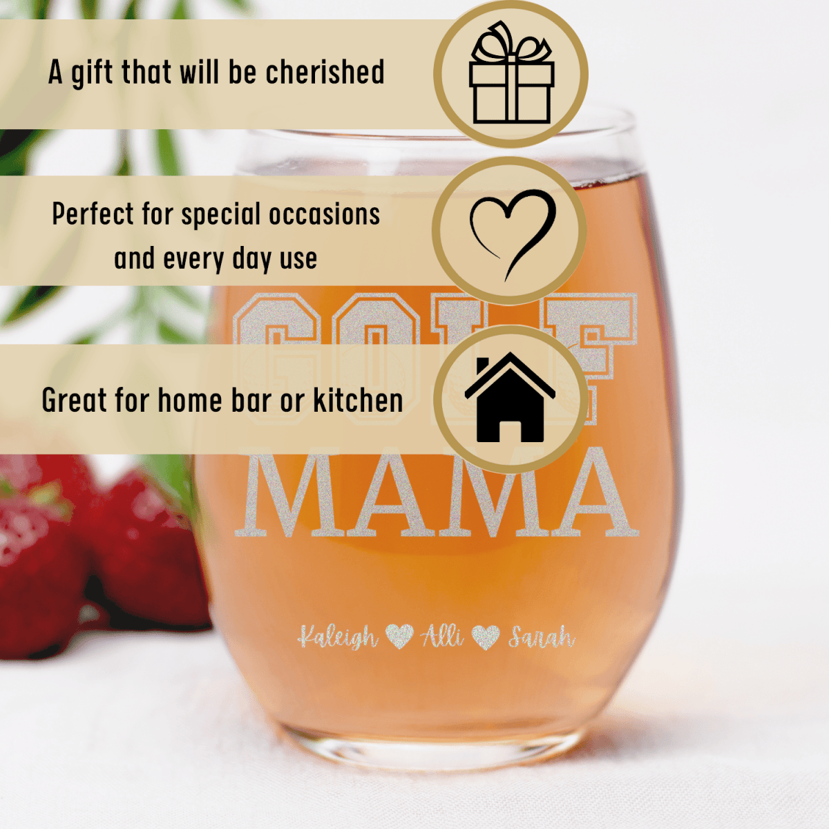 Personalized Golf Mama Stemless Wine Glass for her, Customized Gifts for Women by Groovy Girl Gifts