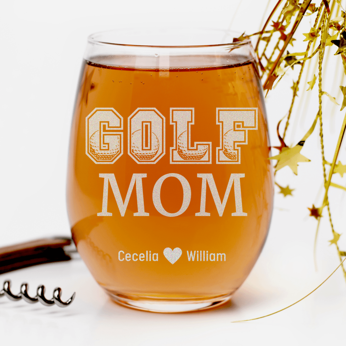 Personalized Golf Mom Stemless Wine Glass for her, Customized Gifts for Women by Groovy Girl Gifts