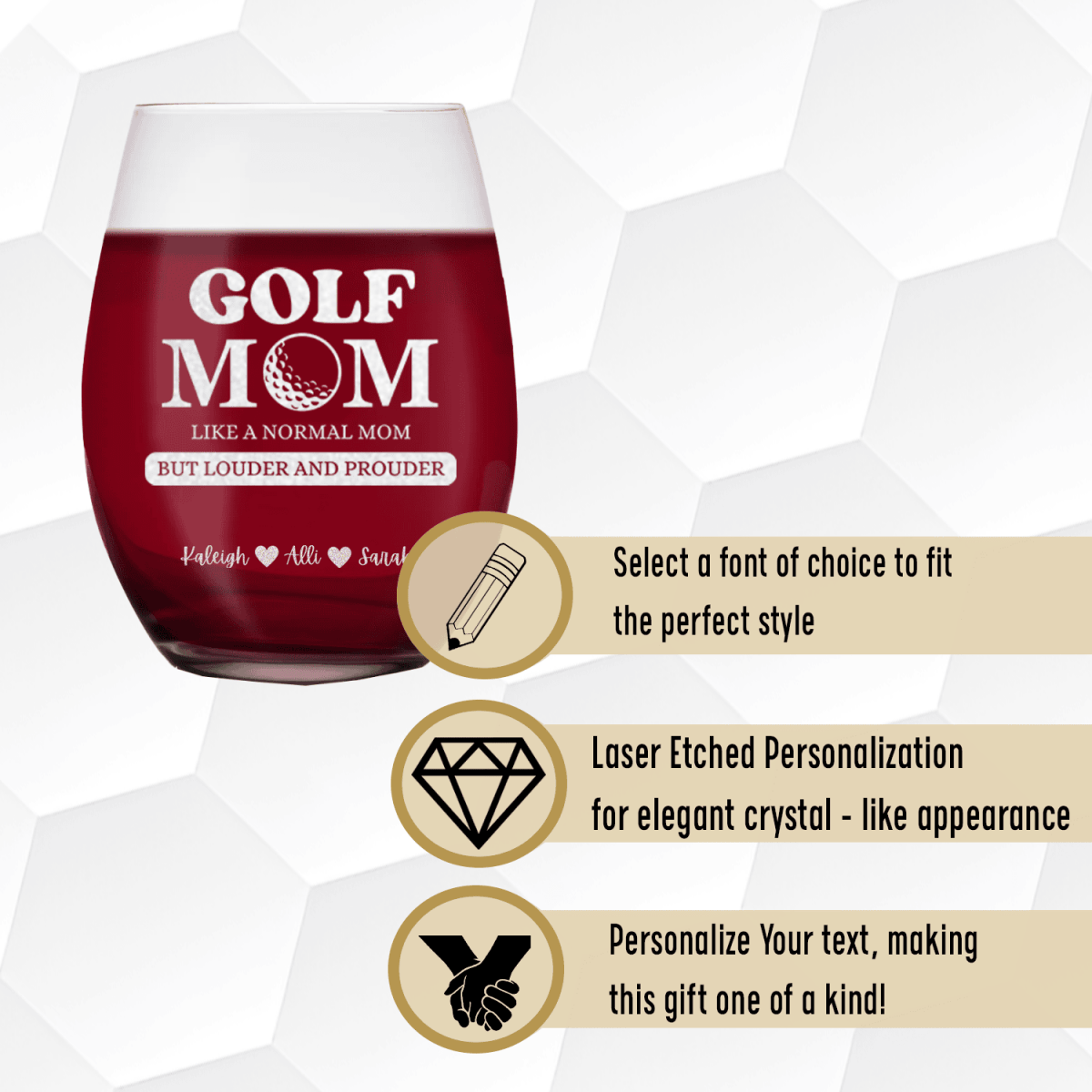 Personalized Golf Moms Are Loud And Proud Stemless Wine Glass for her, Customized Gifts for Women by Groovy Girl Gifts