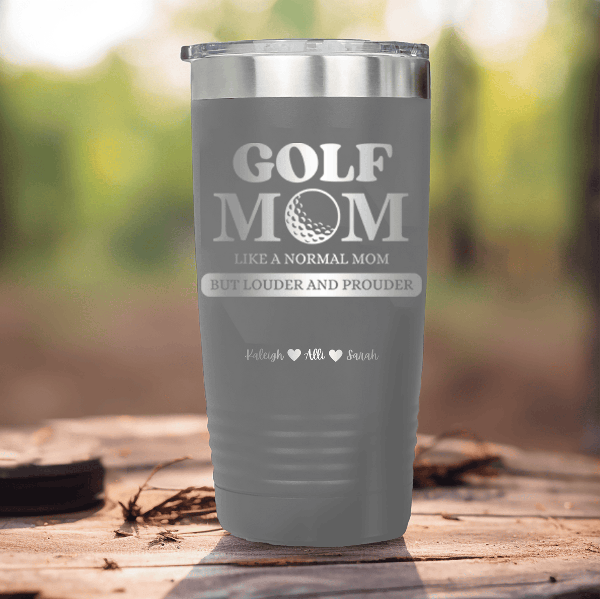 Grey Golf Mom Tumbler With Golf Moms Are Loud And Proud Design