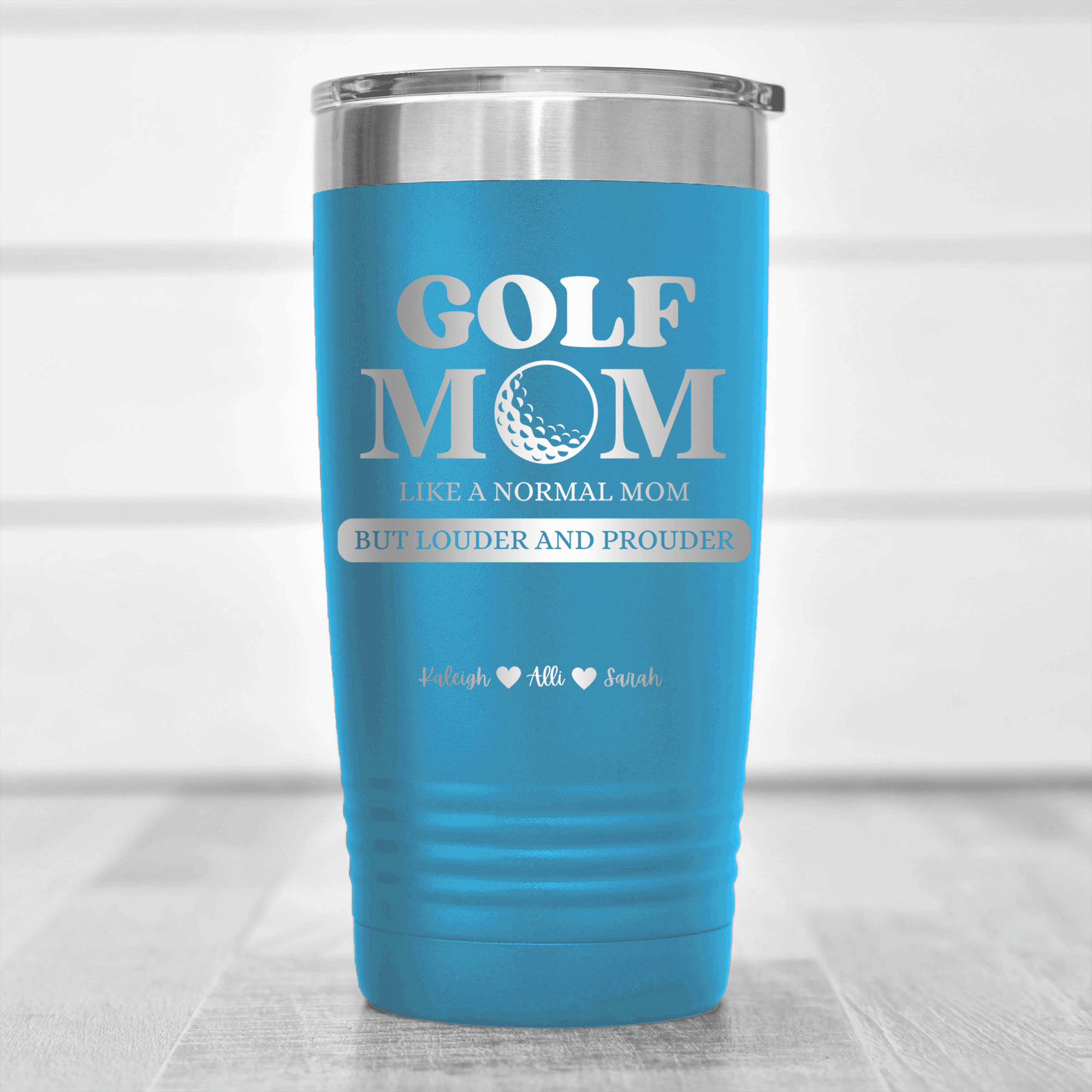 Light Blue Golf Mom Tumbler With Golf Moms Are Loud And Proud Design