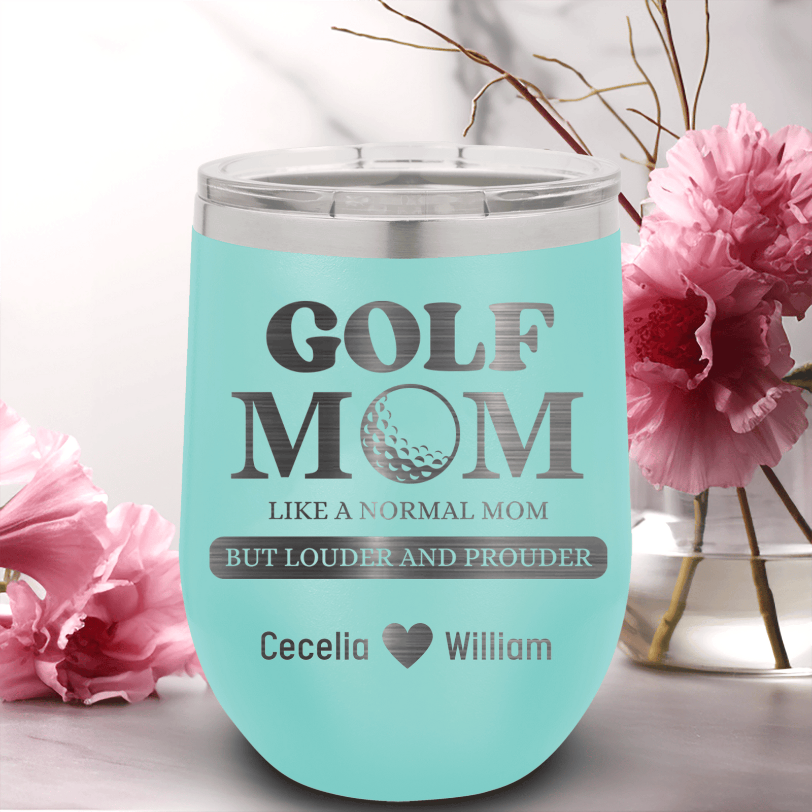 Teal Golf Mom Wine Tumbler With Golf Moms Are Loud And Proud Design