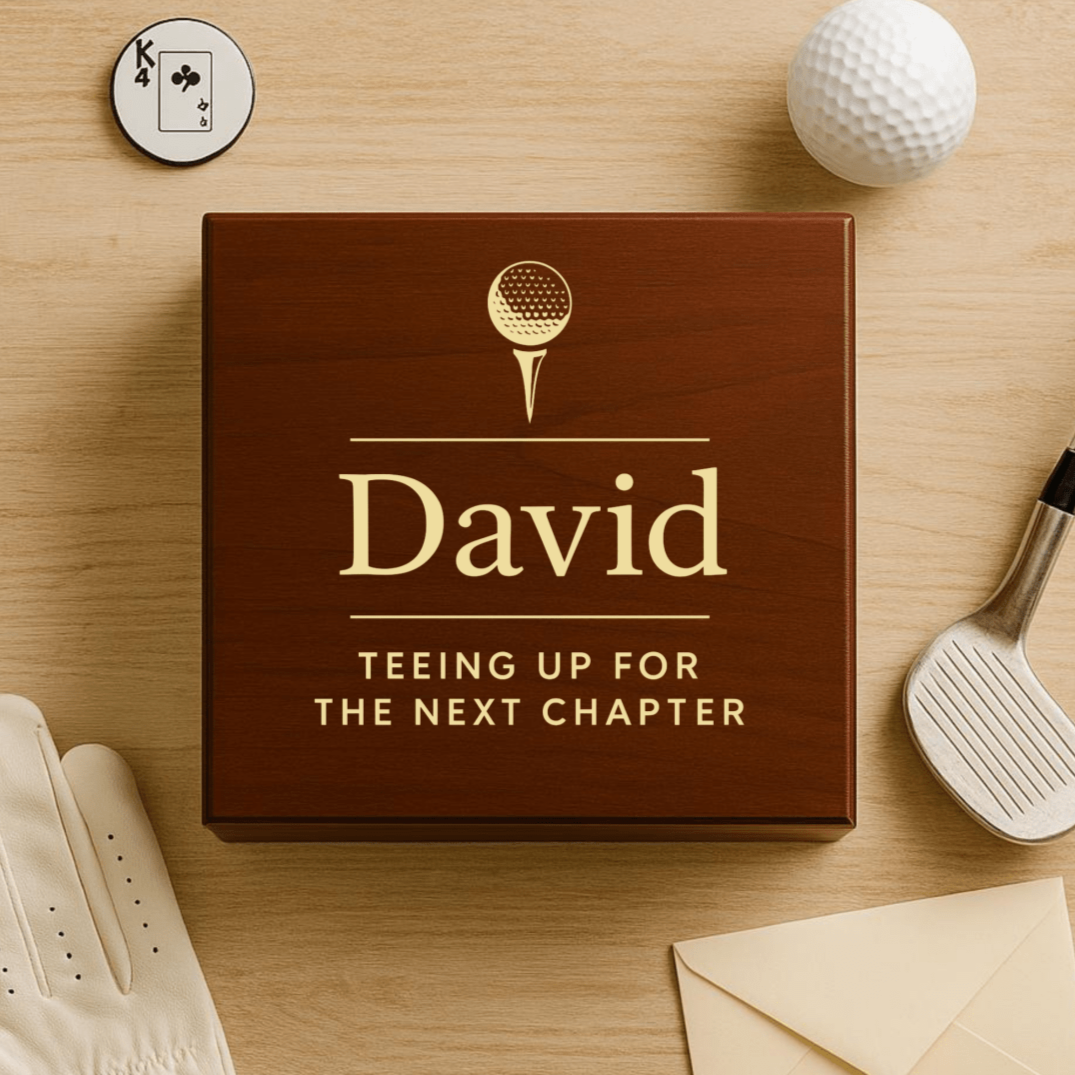 Custom wooden golf keepsake box with engraved name and optional message, perfect for retiring golfers to store cherished mementos