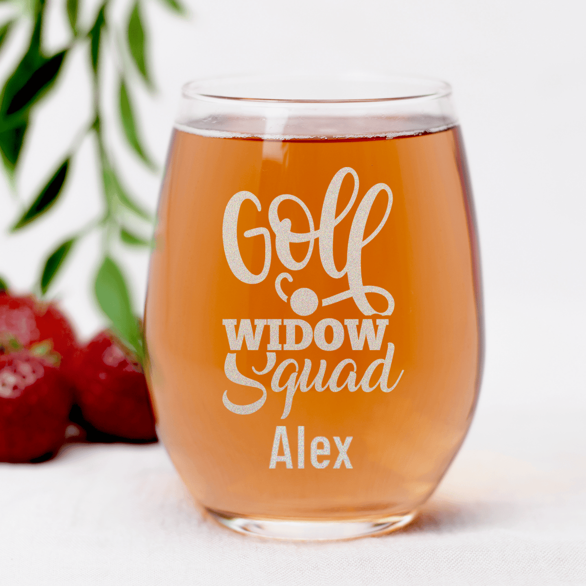 Personalized Golf Widow Squad Stemless Wine Glass for her, Customized Gifts for Women by Groovy Girl Gifts