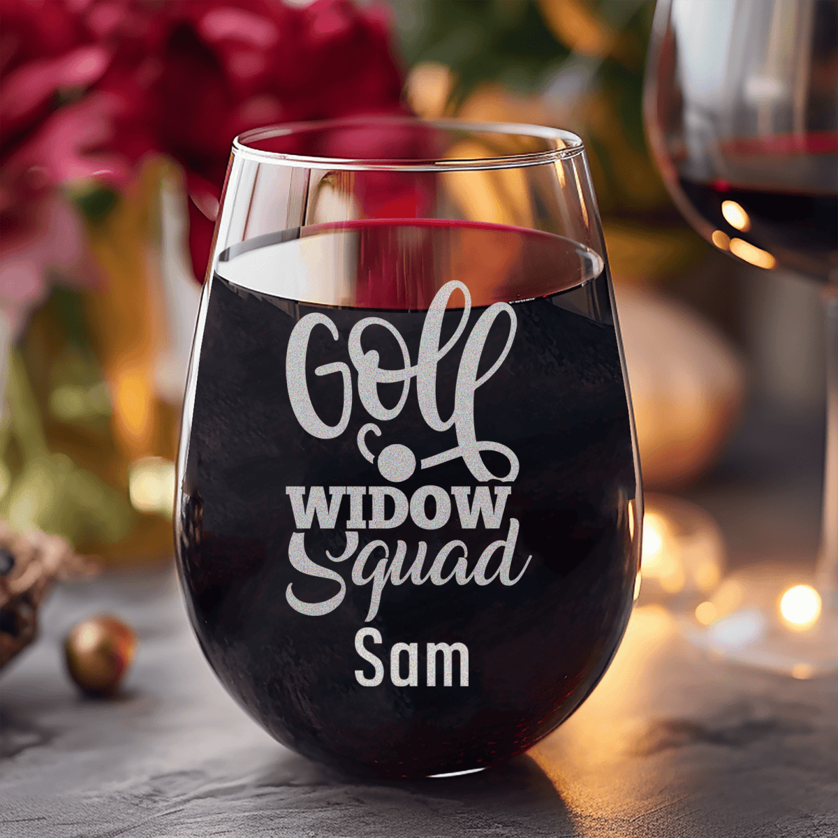 Personalized Golf Widow Squad Stemless Wine Glass for her, Customized Gifts for Women by Groovy Girl Gifts