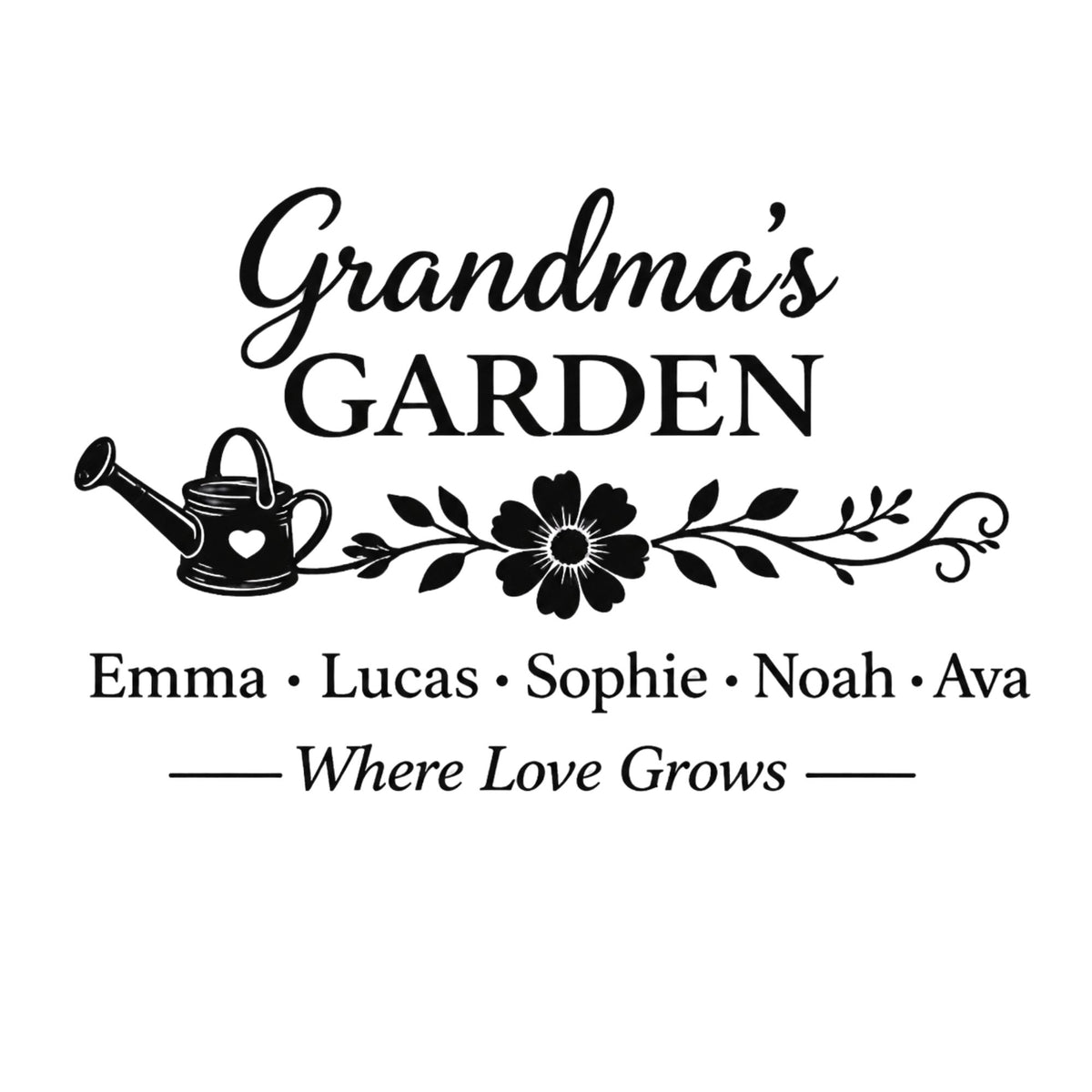 Grandma's Garden personalized tote set with rawhide patch engraved with grandkids' names, displayed against light green polyester garden tote with stainless-steel tools