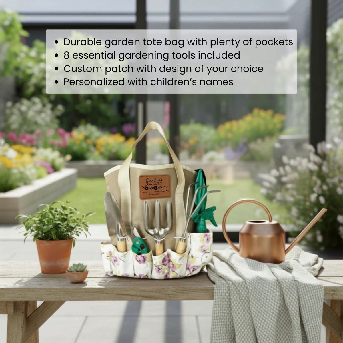 Grandma's Garden personalized tote set with rawhide patch engraved with grandkids' names, displayed against light green polyester garden tote with stainless-steel tools