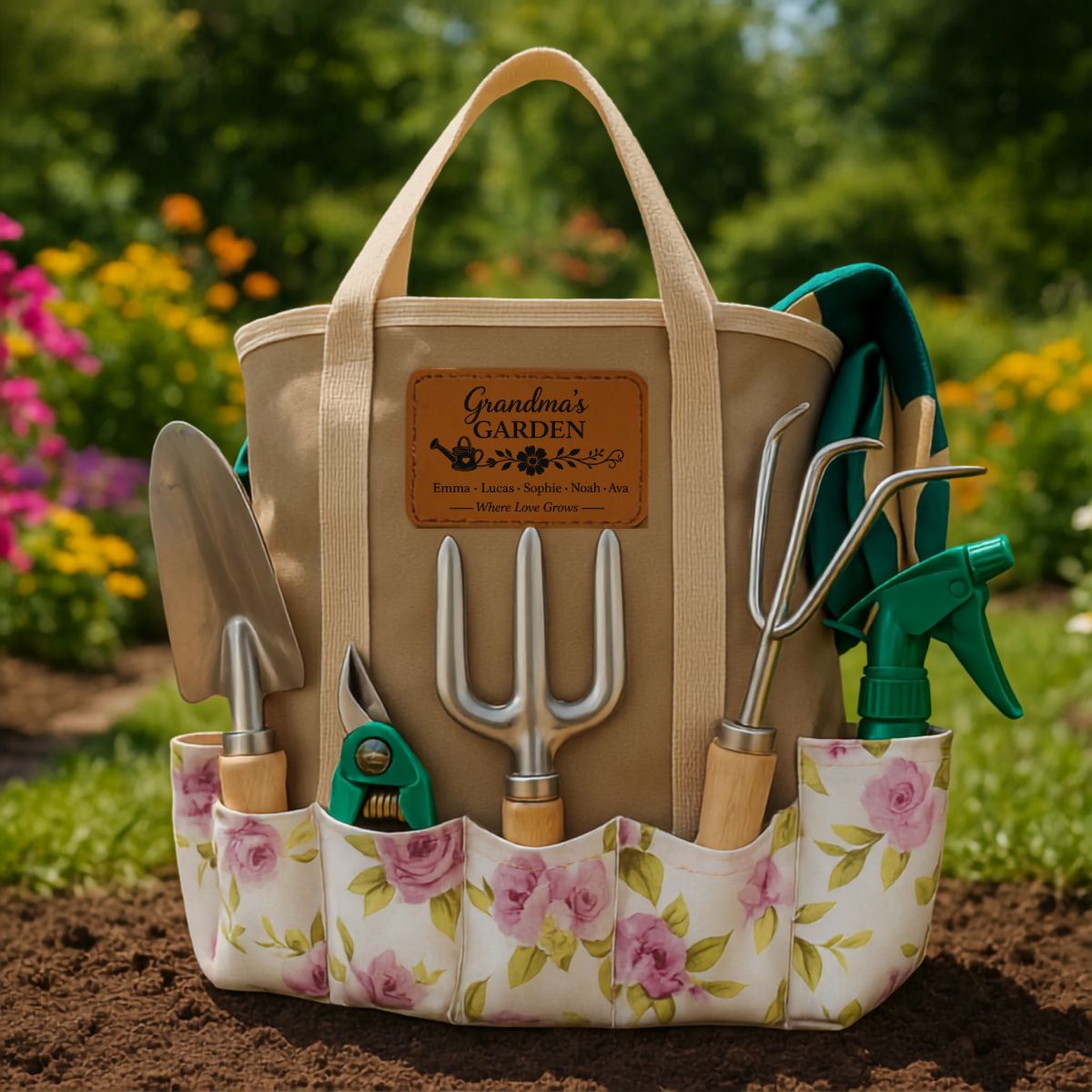 Grandma's Garden personalized tote set with rawhide patch engraved with grandkids' names, displayed against light green polyester garden tote with stainless-steel tools