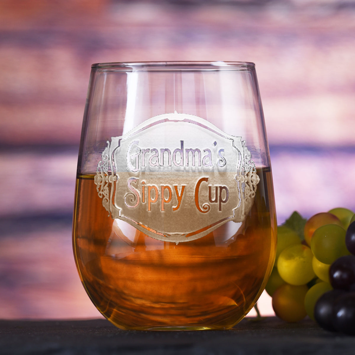 Grandma's Sippy Cup personalized stemless wine glass — sand-carved engraving