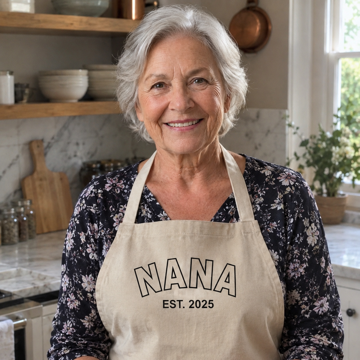 An older woman with short gray hair smiling in a kitchen, wearing a beige apron with the text 'NANA EST. 2025' printed on the front over a dark floral blouse.