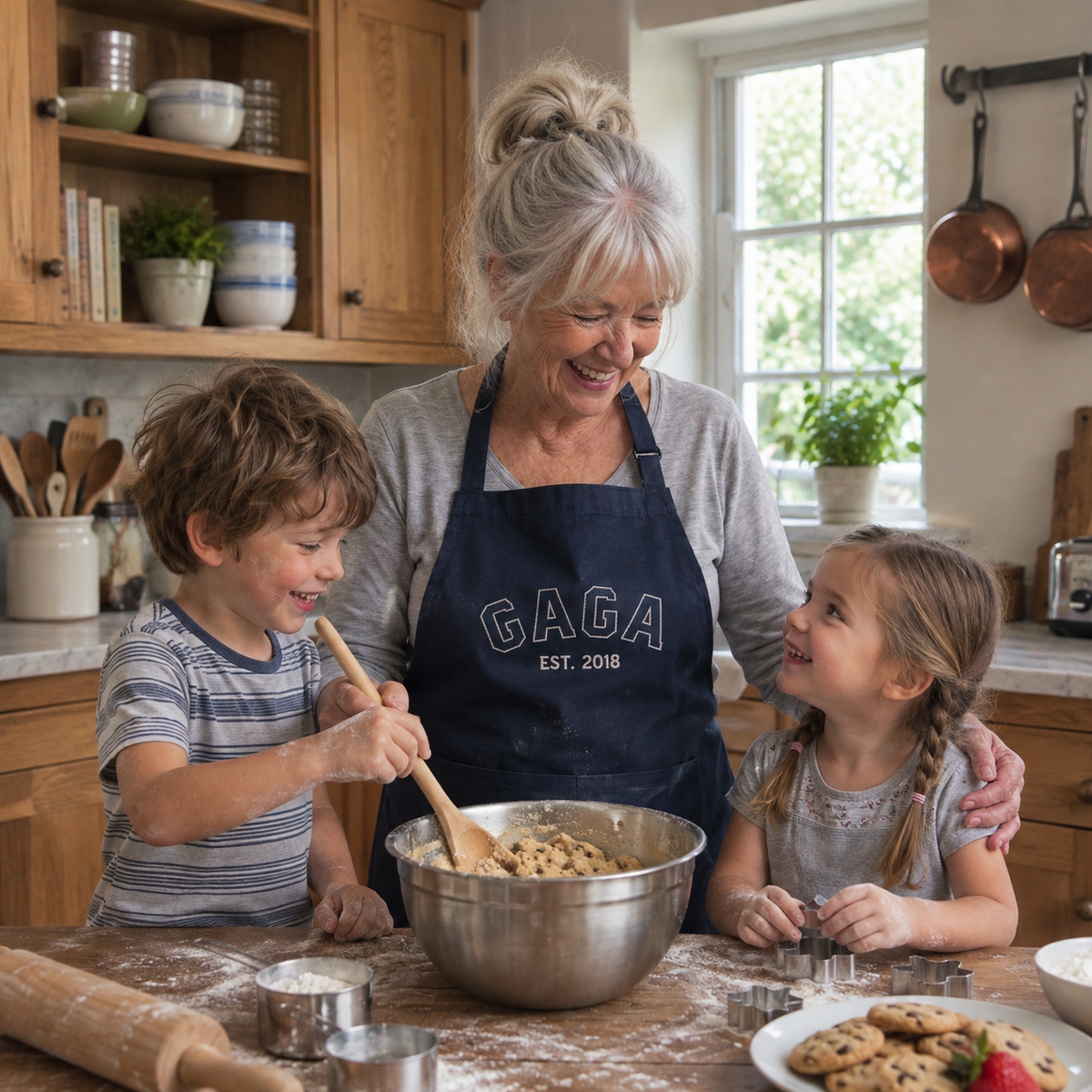 Grandmother wearing navy apron with "GAGA EST. 2018" embroidered text, baking with two grandchildren in a kitchen