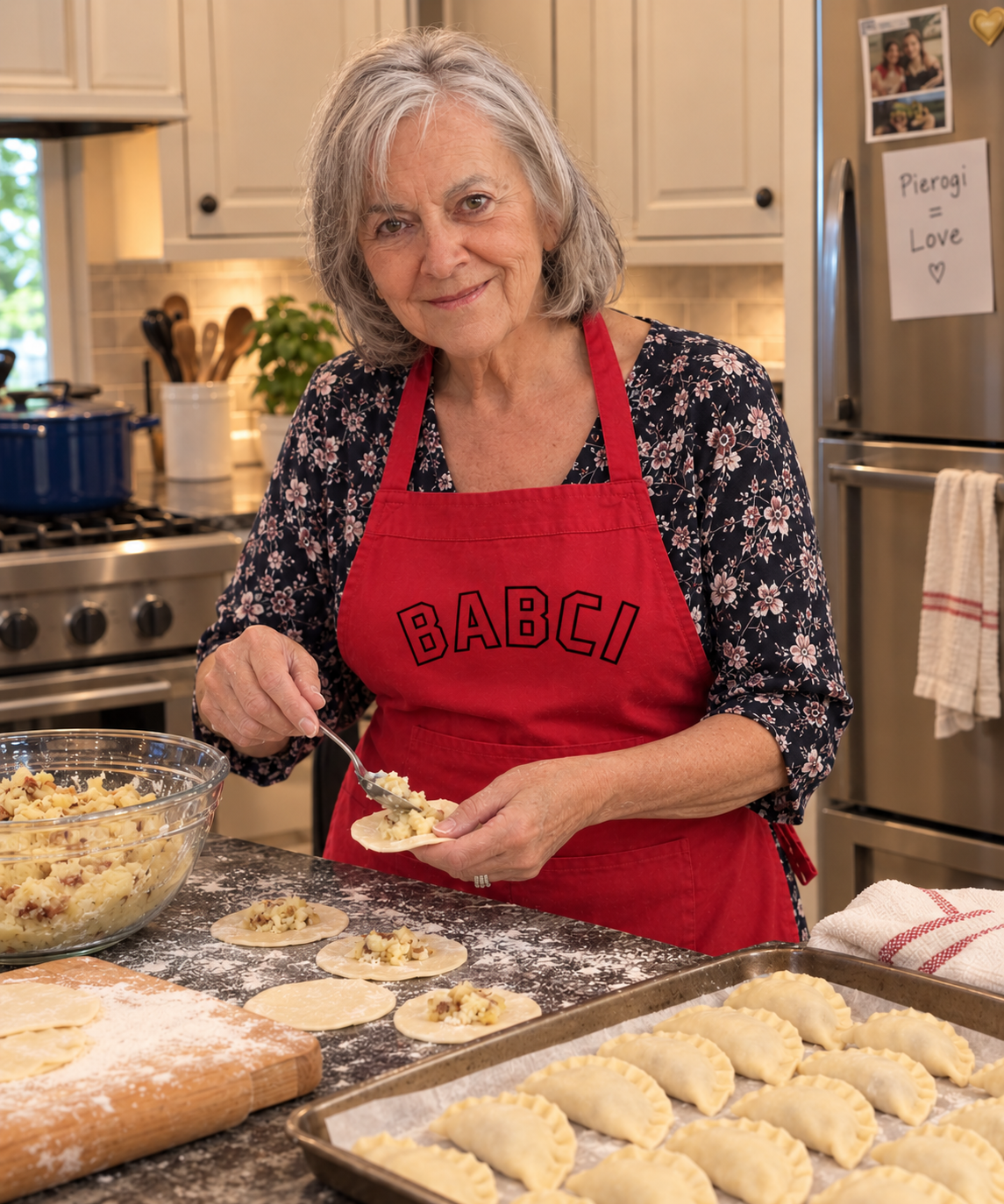 An older woman with gray hair stands in a kitchen wearing a red apron with the word 'BABCI' printed on it, preparing half-moon empanadas by spooning filling onto dough circles. A baking tray filled with empanadas, a glass bowl of filling, and a wooden cutting board are on the counter in front of her.