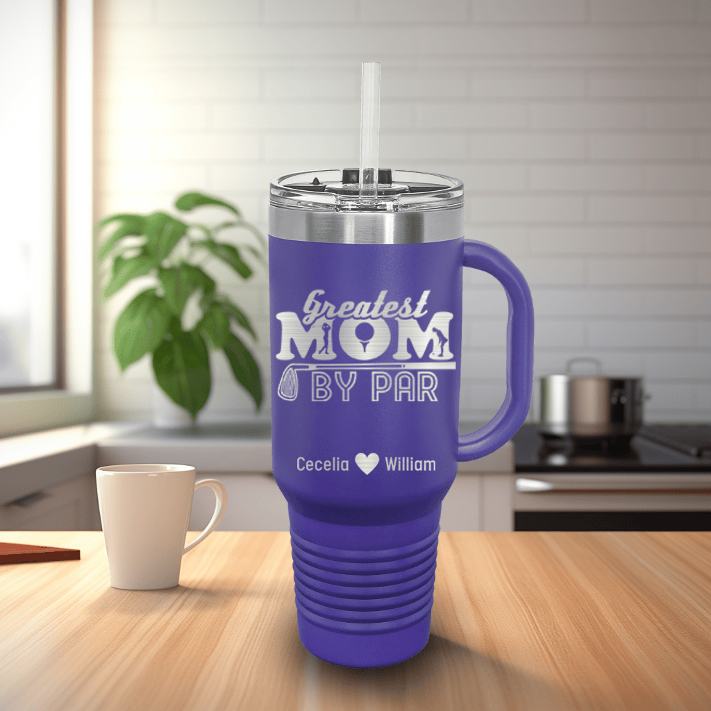 Purple Golf Mom Travel Mug With Handle With Greatest Mom By Par Design