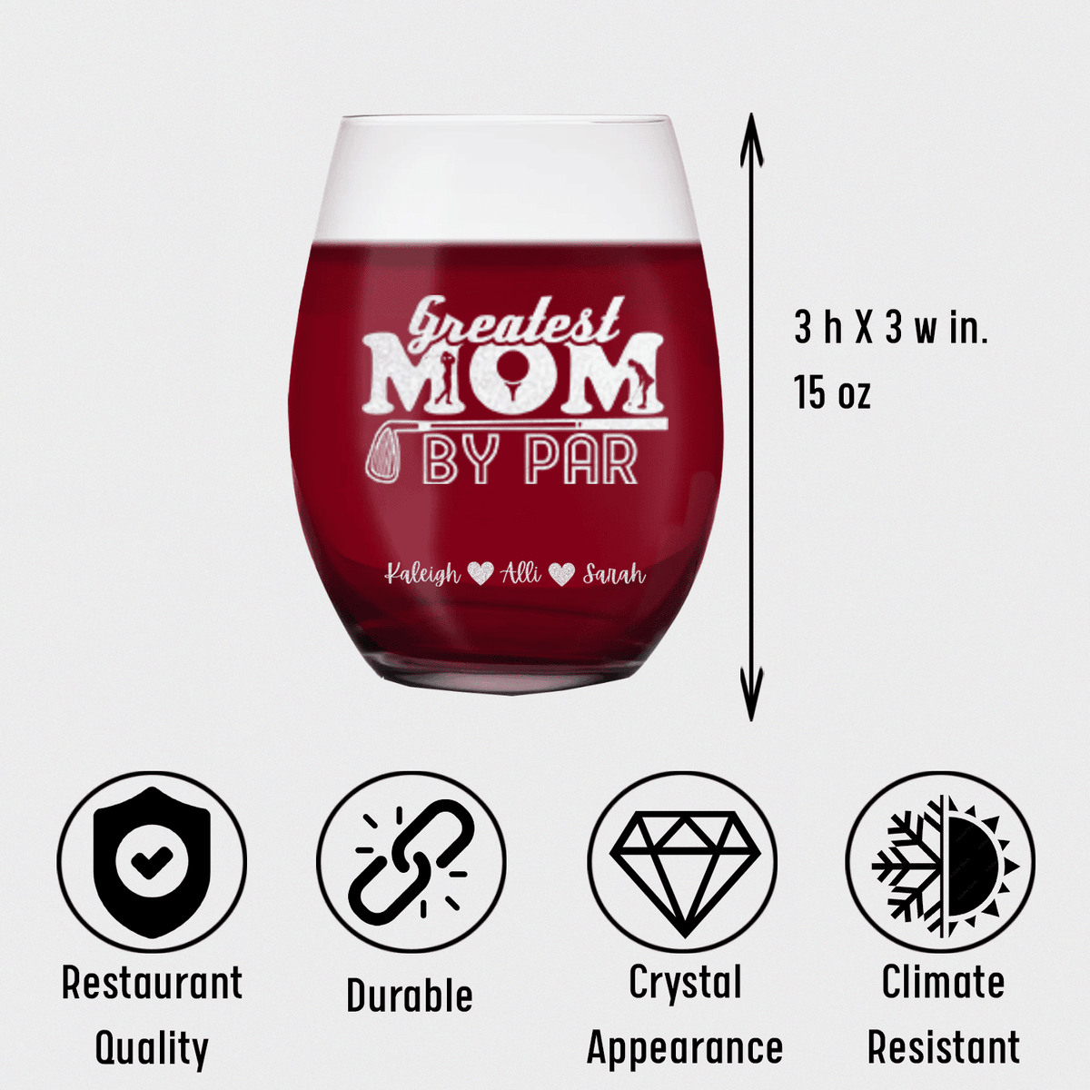 Greatest Mom By Par Stemless Wine Glass