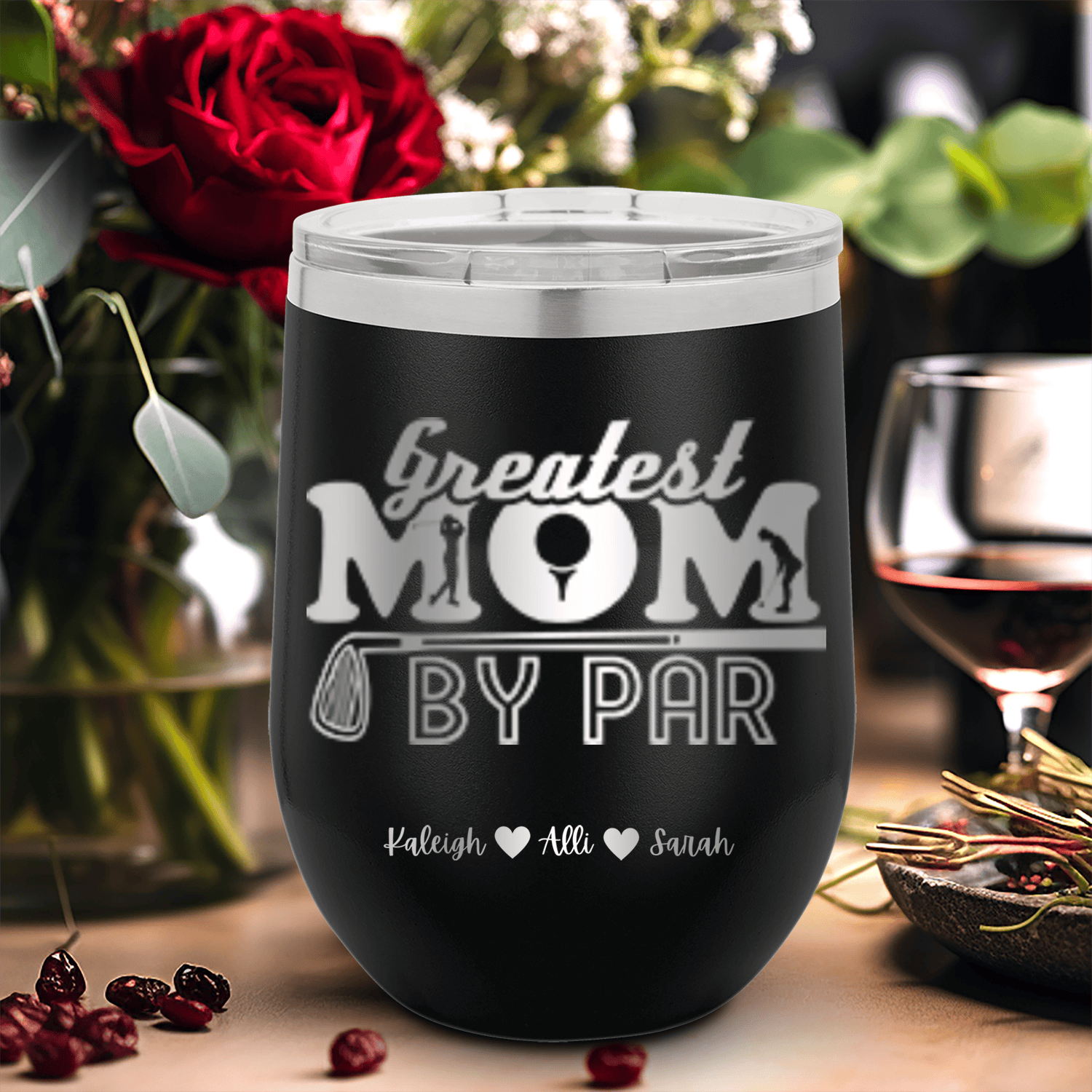 Black Golf Mom Wine Tumbler With Greatest Mom By Par Design