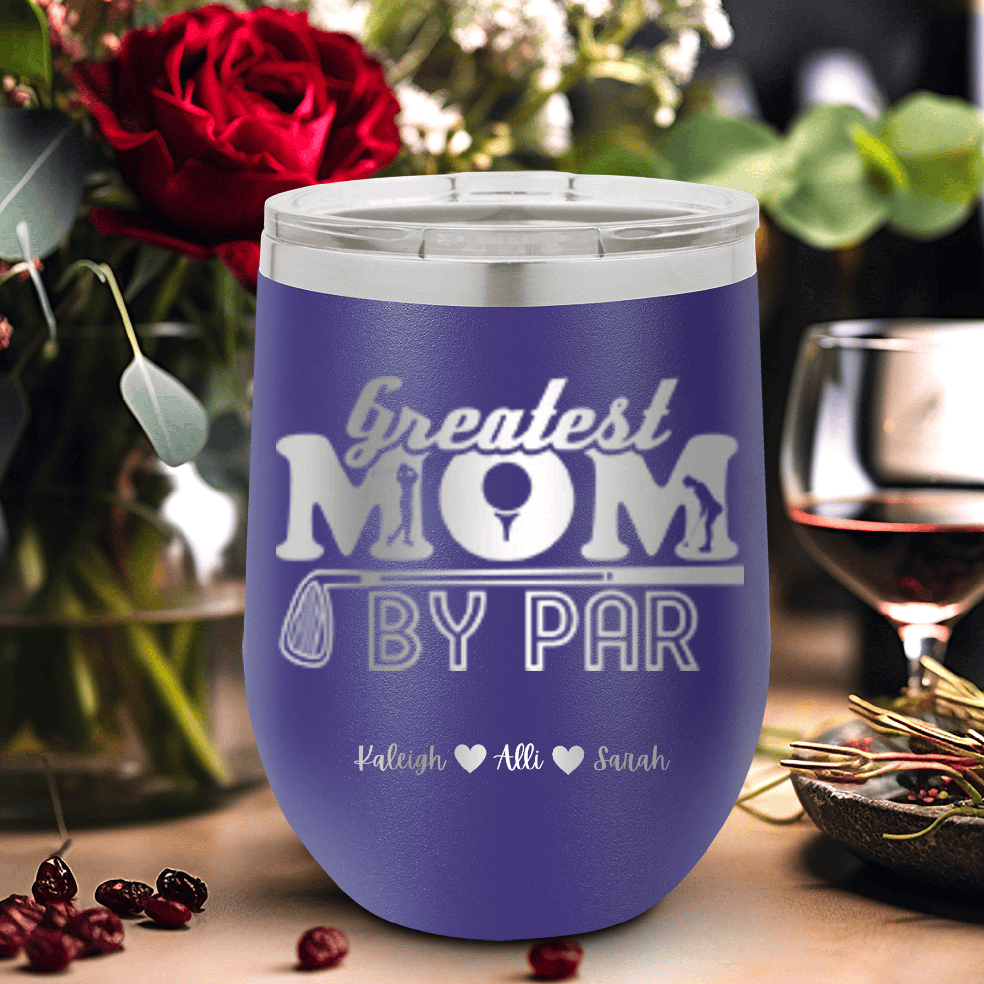 Purple Golf Mom Wine Tumbler With Greatest Mom By Par Design