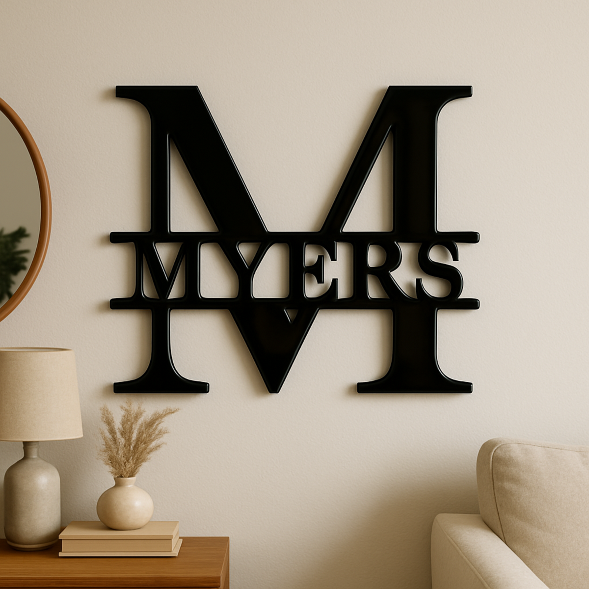 Custom split-letter metal sign with personalized family name and initial