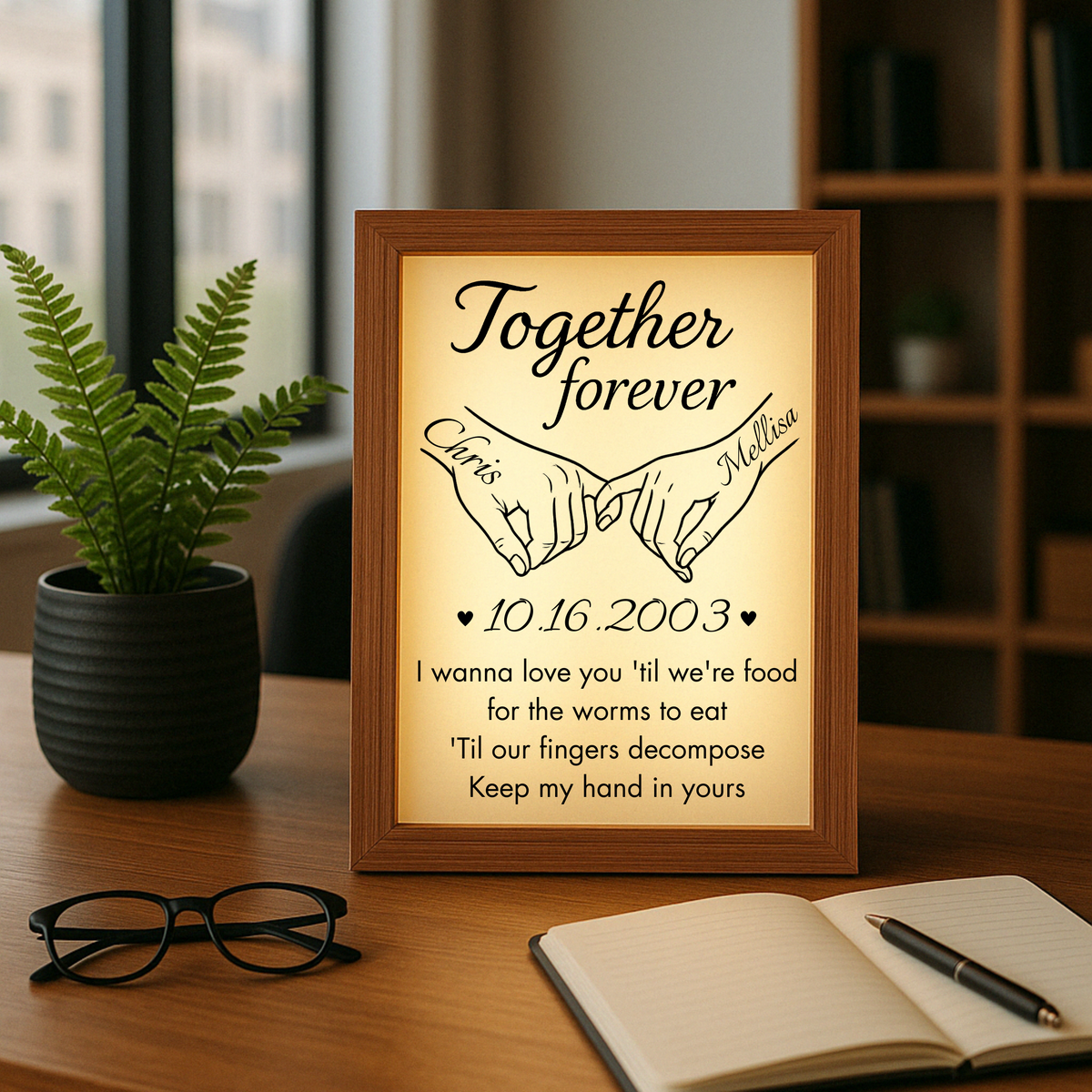 Personalized Together Forever light-up anniversary frame with names, date, and custom message