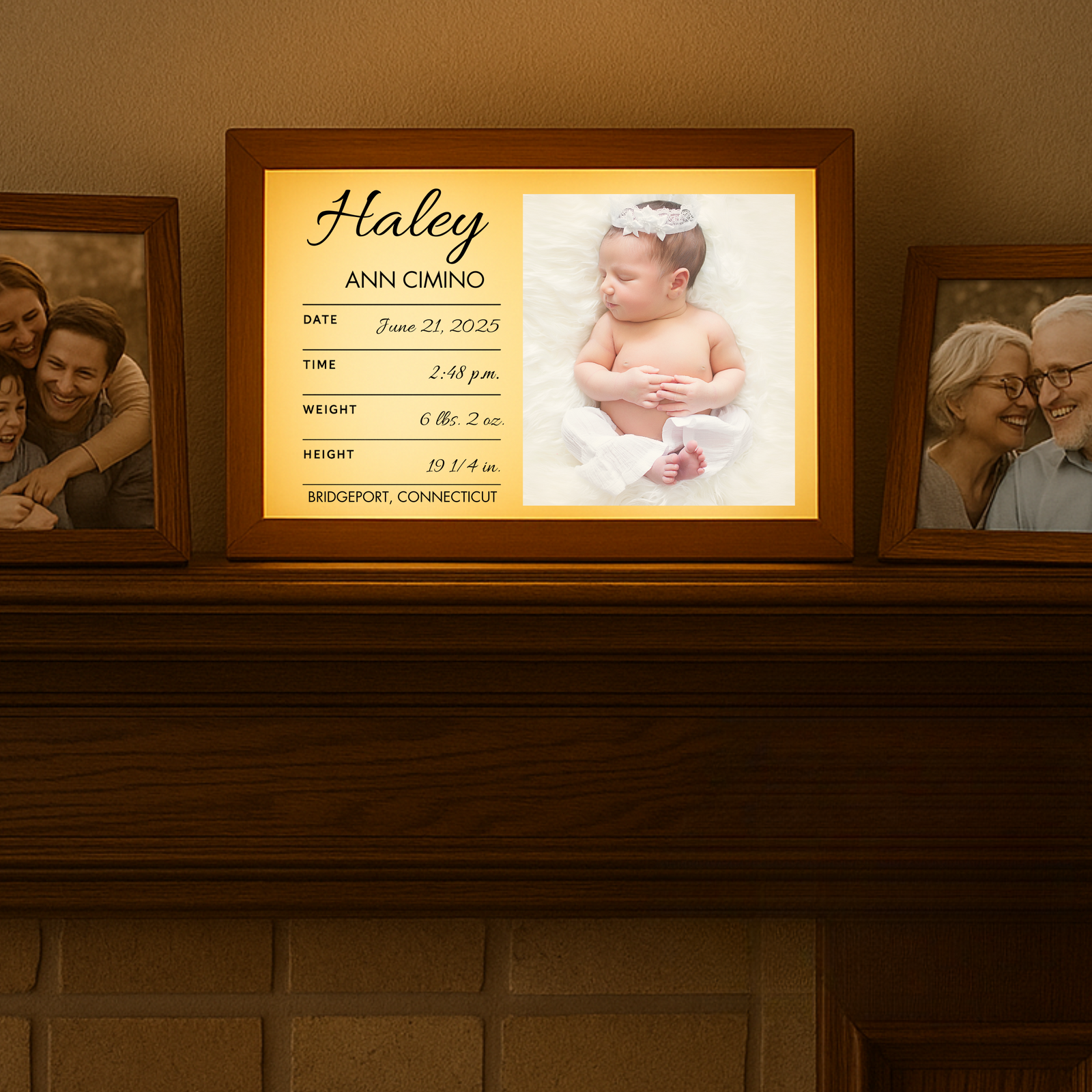 Personalized 5x7 illuminated baby birth sign with name, birth date, time, weight, height, and birthplace