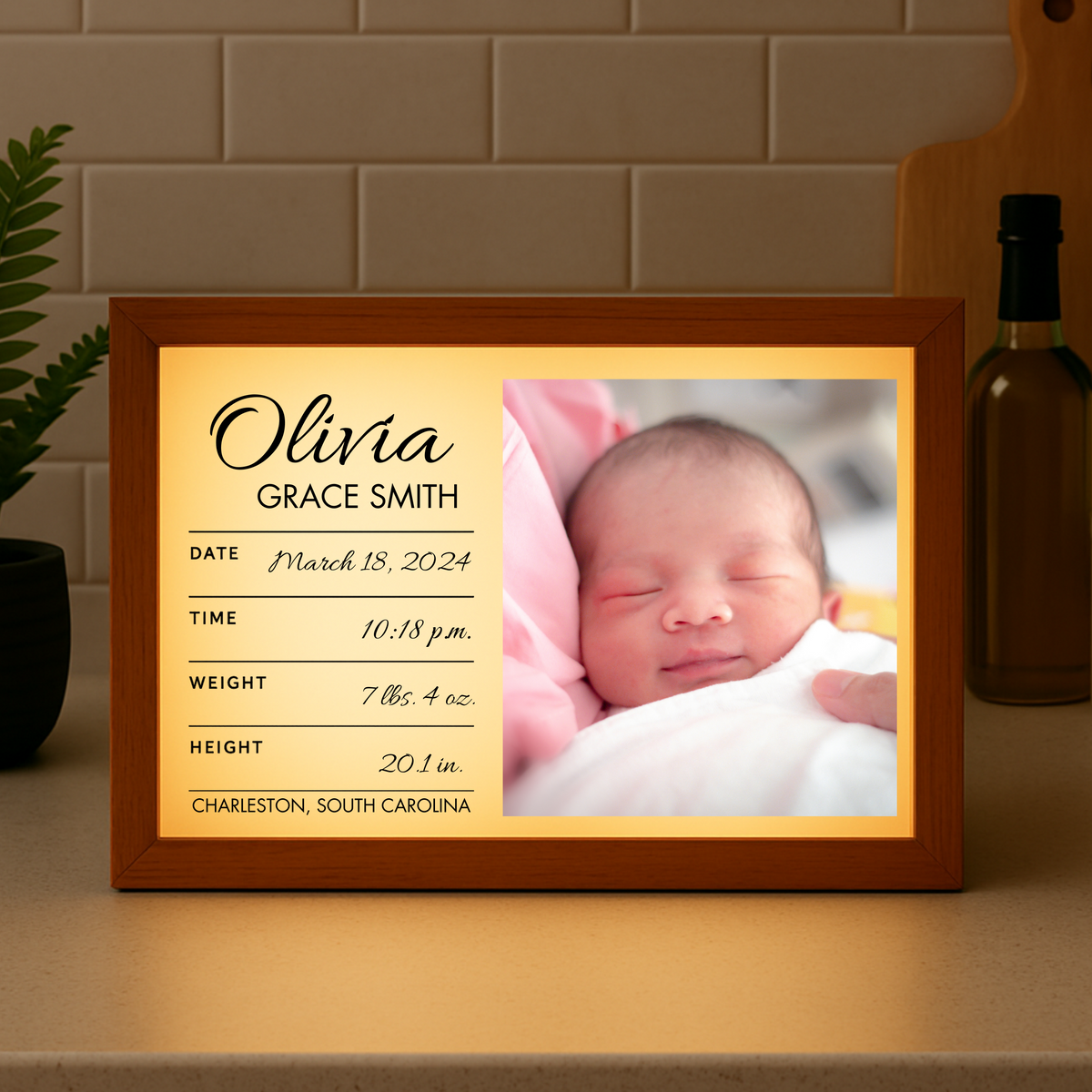 Personalized 5x7 illuminated baby birth sign with name, birth date, time, weight, height, and birthplace