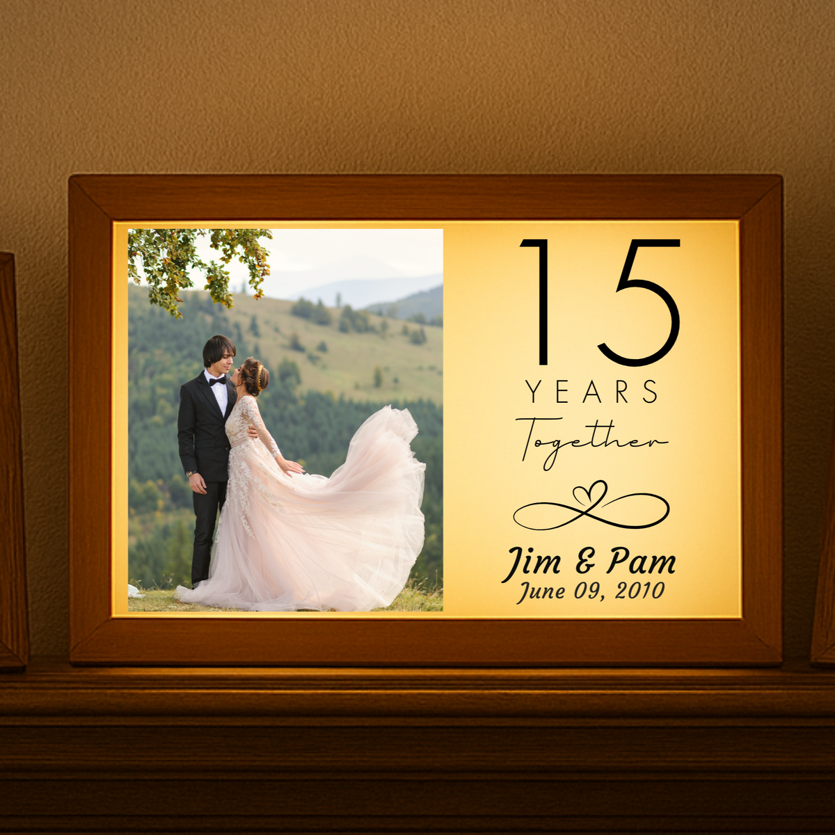 Personalized wedding anniversary photo frame with LED light, names, years together, and custom date