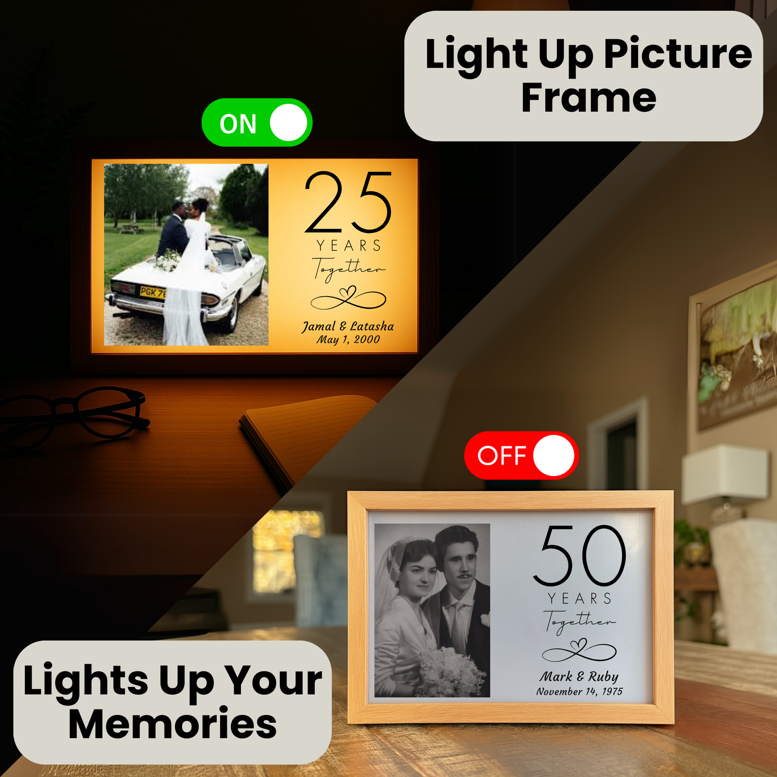 Personalized wedding anniversary photo frame with LED light, names, years together, and custom date